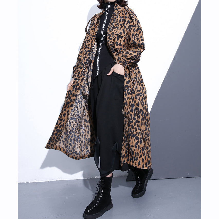 Drune | Leopardenmäntel Plus-Size-Bekleidung Stehkragen Reißverschluss Trenchcoat Damen Langarm Taschen Boxy Baumwollmischung Mantel