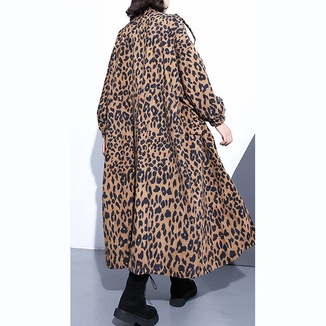 Drune | Leopardenmäntel Plus-Size-Bekleidung Stehkragen Reißverschluss Trenchcoat Damen Langarm Taschen Boxy Baumwollmischung Mantel