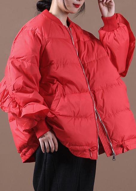 Drune | lässige Damen Parka Jacken rot Stehkragen Rüschen warmer Wintermantel