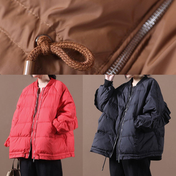 Drune | lässige Damen Parka Jacken rot Stehkragen Rüschen warmer Wintermantel