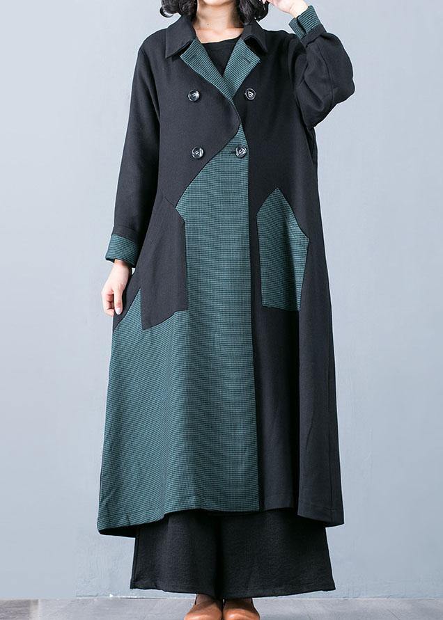 Drune | Plus-Size Langmantel Jacke Grün Patchwork Doppelreiher Mäntel Frauen