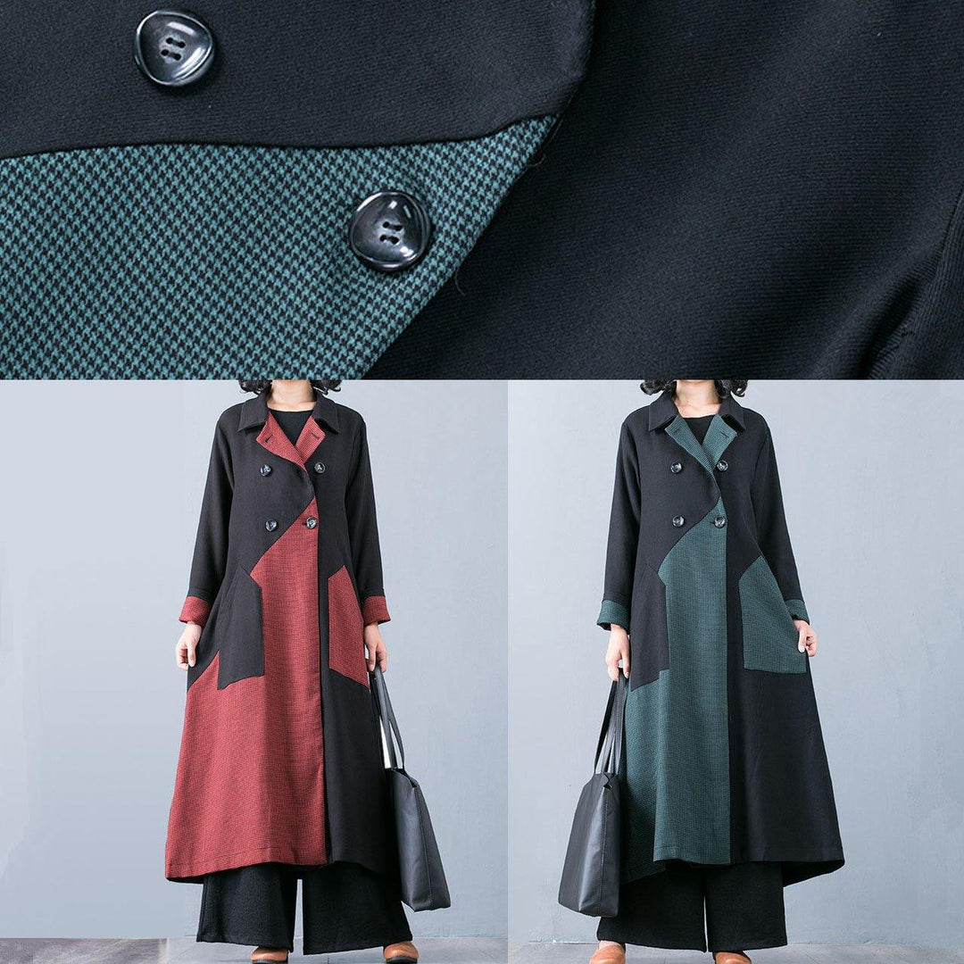 Drune | Plus-Size Langmantel Jacke Grün Patchwork Doppelreiher Mäntel Frauen