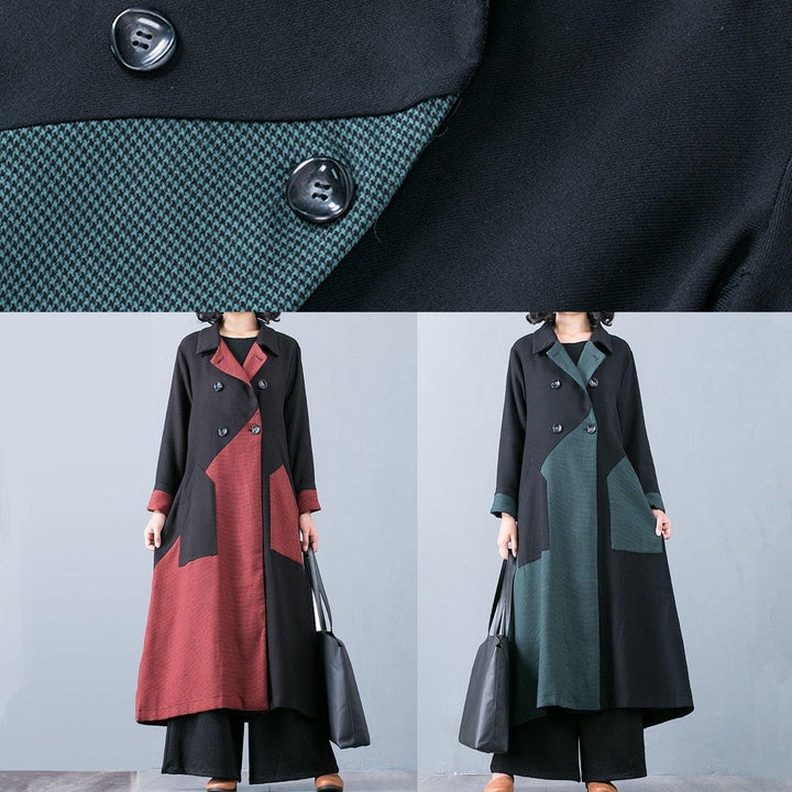 Drune | Plus-Size Langmantel Jacke Grün Patchwork Doppelreiher Mäntel Frauen