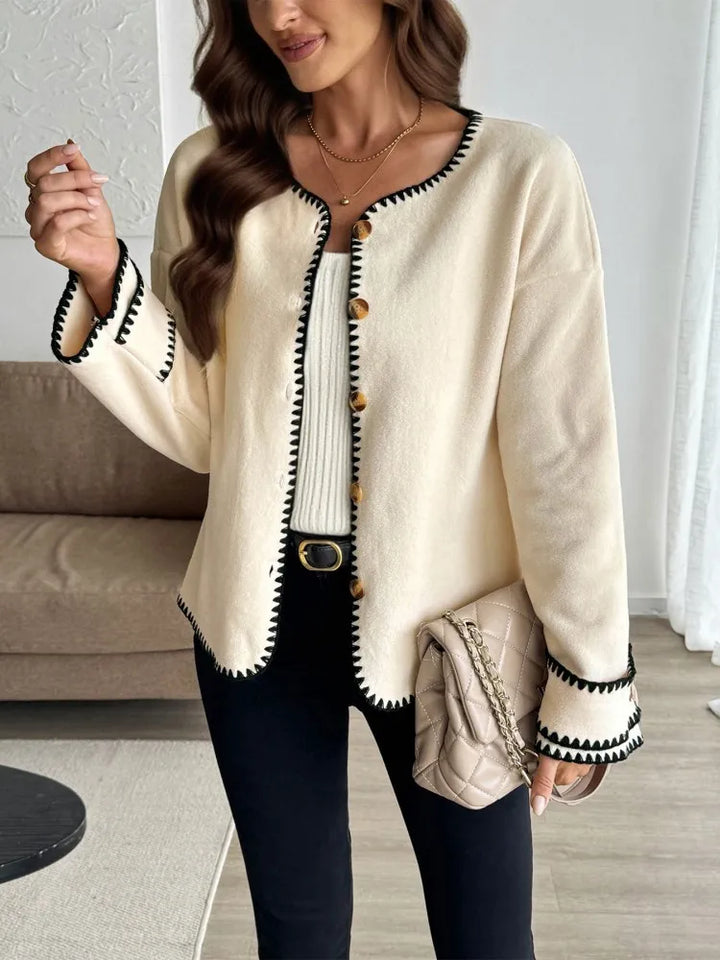 Drune | Damen Casual Lockere Strickjacke mit Langen Ärmeln und Kontrastnähten