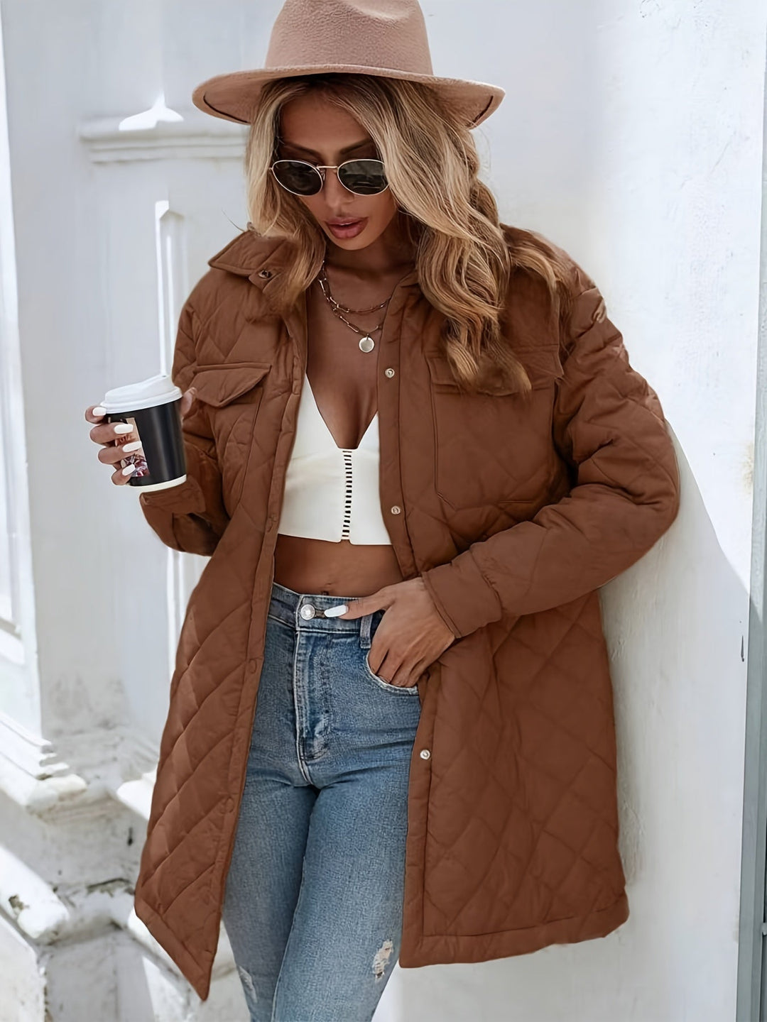 Drune | Damen Wattierte Pufferjacke mit Knopfverschluss und langer Passform