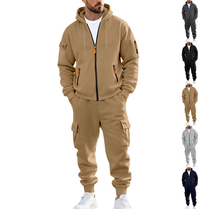 Herren nan urbanes Funktions-Cargo-Sweatset mit Kapuzenjacke, Reißverschlusstaschen und konisch zulaufender Cargo-Jogger Drune