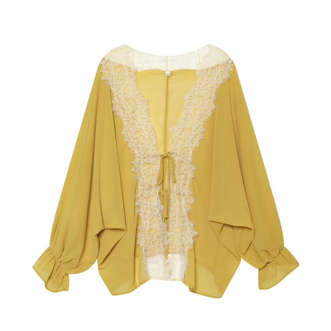 Damen Kaftan-Bluse mit Spitzenkante, Bindeband und Ballonärmeln Drune
