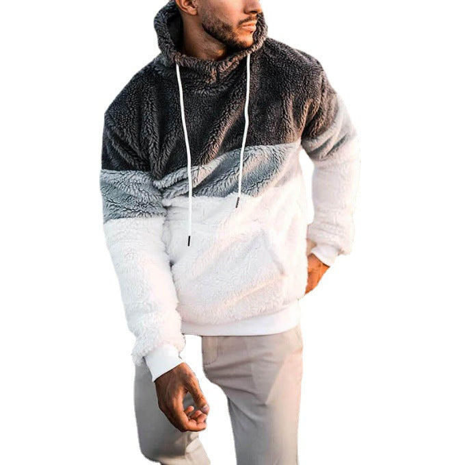 Herren Farbblock-Teddy-Fleece Kapuzenpullover mit Kängurutasche und Tunnelzug Drune