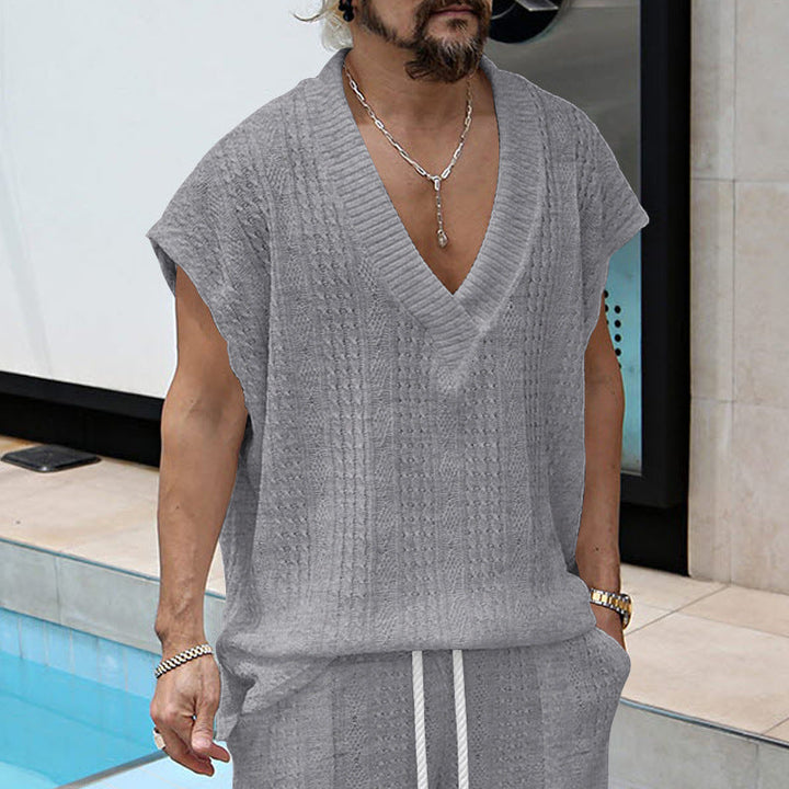 Herren lässiges Strick-T-Shirt mit V-Ausschnitt und oversized Schnitt Drune