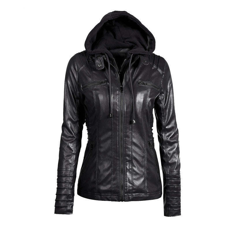 Damen Kunstlederjacke mit abnehmbarer Kapuze, tailliertem Schnitt und Reißverschlusstaschen Drune