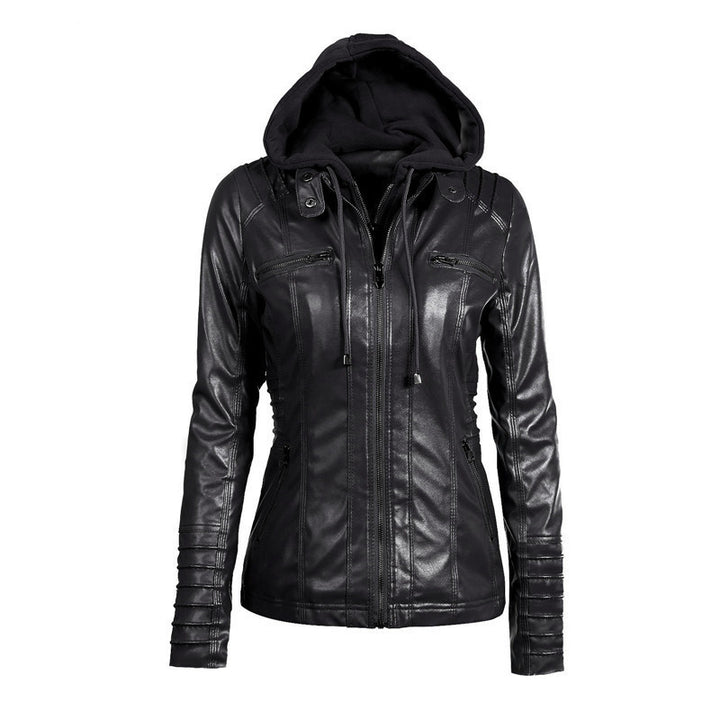 Damen Kunstlederjacke mit abnehmbarer Kapuze, tailliertem Schnitt und Reißverschlusstaschen Drune