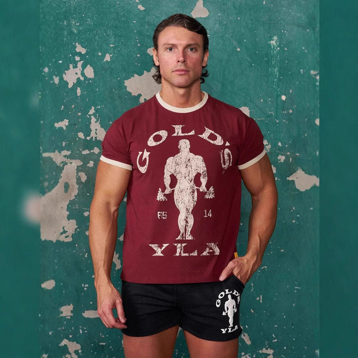 Herren nan Vintage Trainingsshirt mit Rundhalsausschnitt Kontrastbündchen und Retro-Bodybuilding-Druck Drune