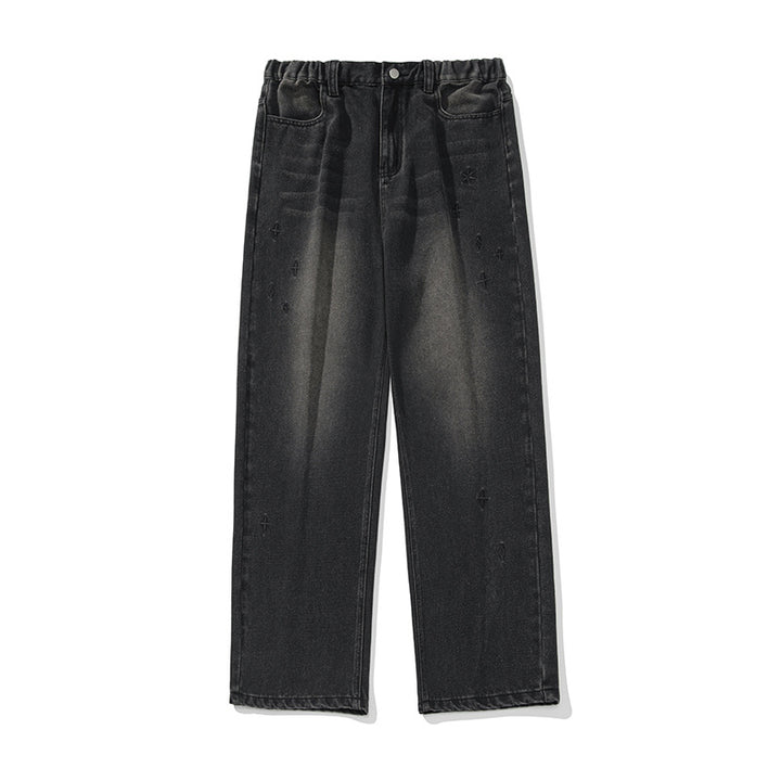 Damen Hochgeschnittene weite Denim‑Hose mit elastischem Paperbag‑Bund und Sternstickerei Drune