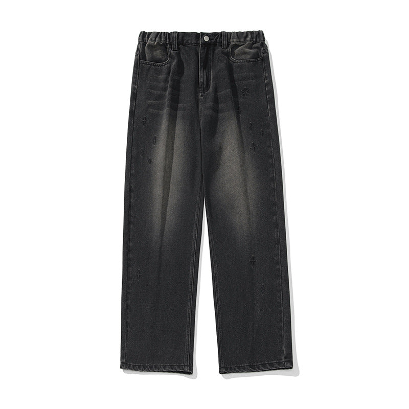 Damen Relaxed-Fit Paperbag-Denimhose mit Gummibund, geradem Bein und Stern-Applikationen Drune