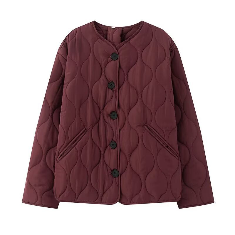 Damen Steppjacke ohne Kragen mit Rundhalsausschnitt, Boxy‑Schnitt und dekorativer Wellensteppung Drune