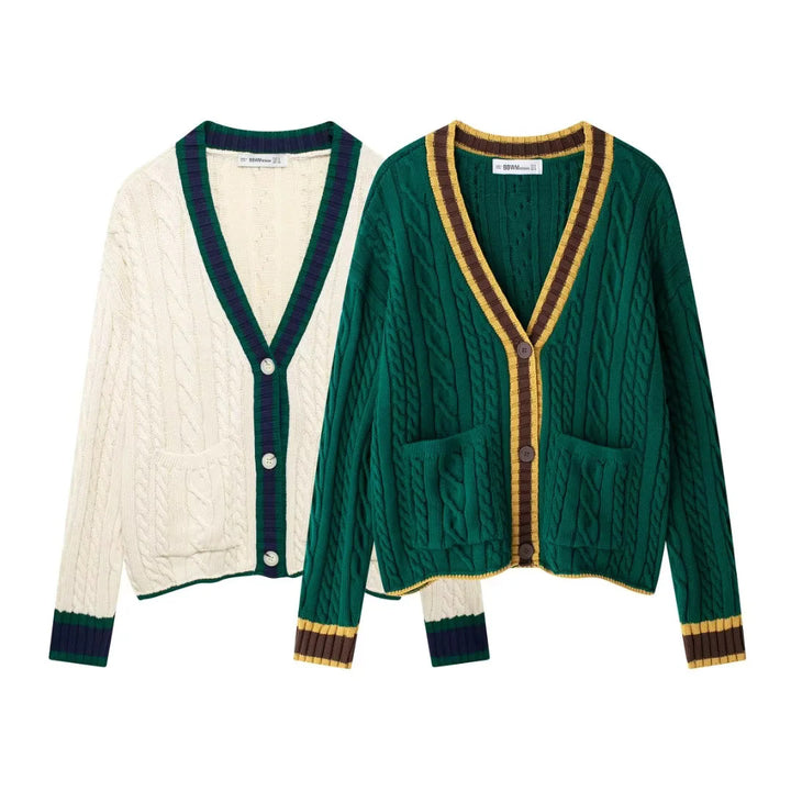 Damen nan Zopfmuster-Cardigan mit V-Ausschnitt, aufgesetzten Taschen und Kontrastkanten Drune