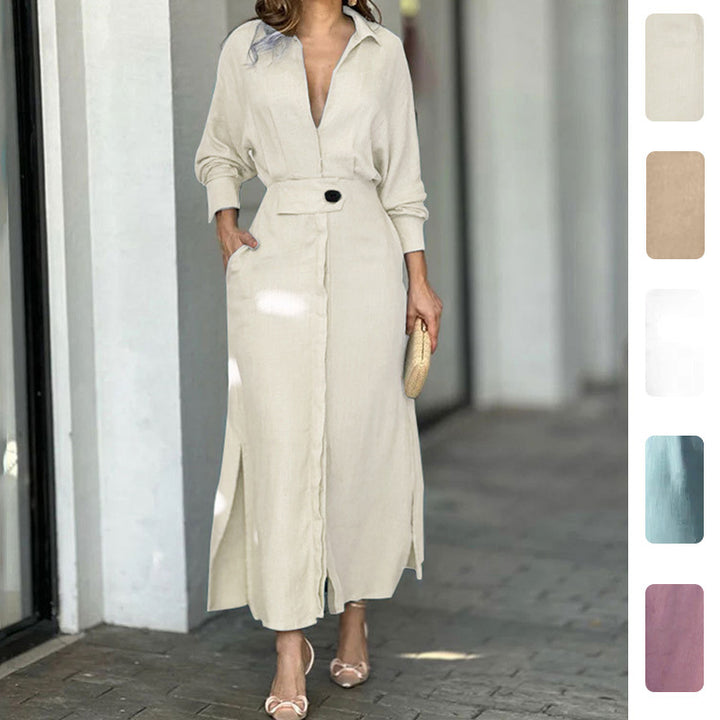 Damen Maxikleid mit elegantem V-Ausschnitt und Gürtel Drune