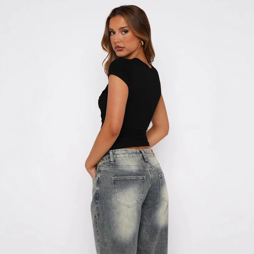 Damen figurbetontes Wickeloberteil mit elastischen Raffungseffekten Drune