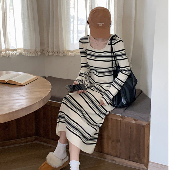 Damen Langärmliges gestreiftes Kleid mit figurbetontem Schnitt und Rundhalsausschnitt Drune