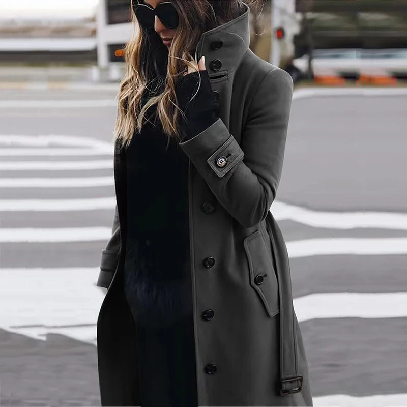 Damen modischer Trenchcoat mit hoch geschlossenem Kragen und praktischen Taschen Drune