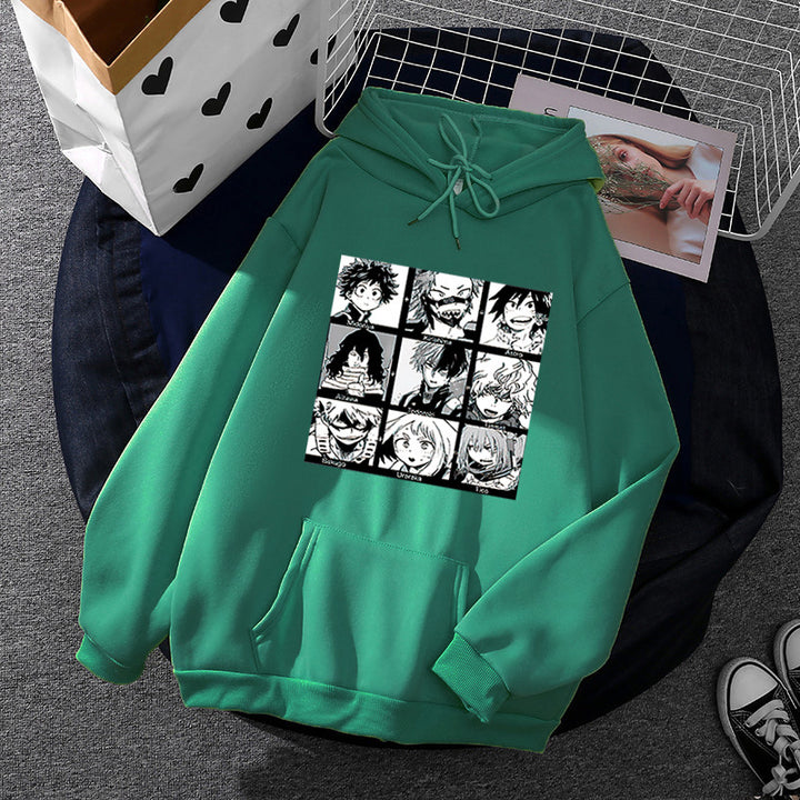 Unisex nan Kapuzenpullover mit quadratischer Manga-Charakter-Collage, leicht oversizeder Schnitt und Kängurutasche Drune