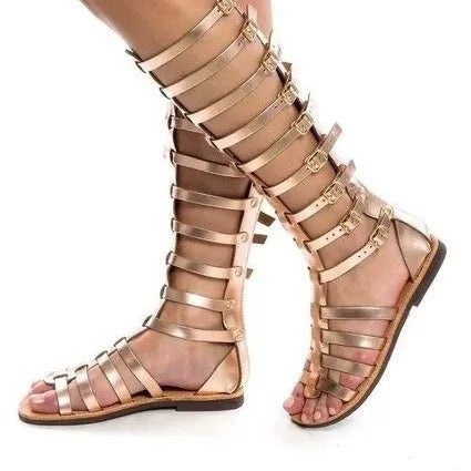 Damen Kniehohe Römersandalen mit mehreren Schnallen und flacher Komfortsohle Drune