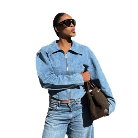 Damen Kurz geschnittene Jeansjacke mit Reißverschluss und definierter Schulterlinie Drune