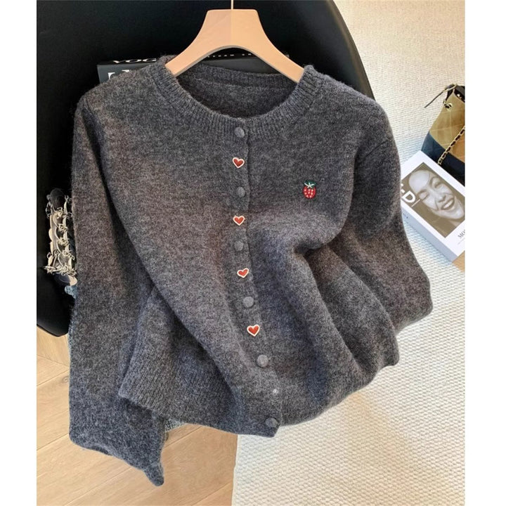 Damen kuschelige Strickjacke mit Herz- und Erdbeerenapplikationen Drune