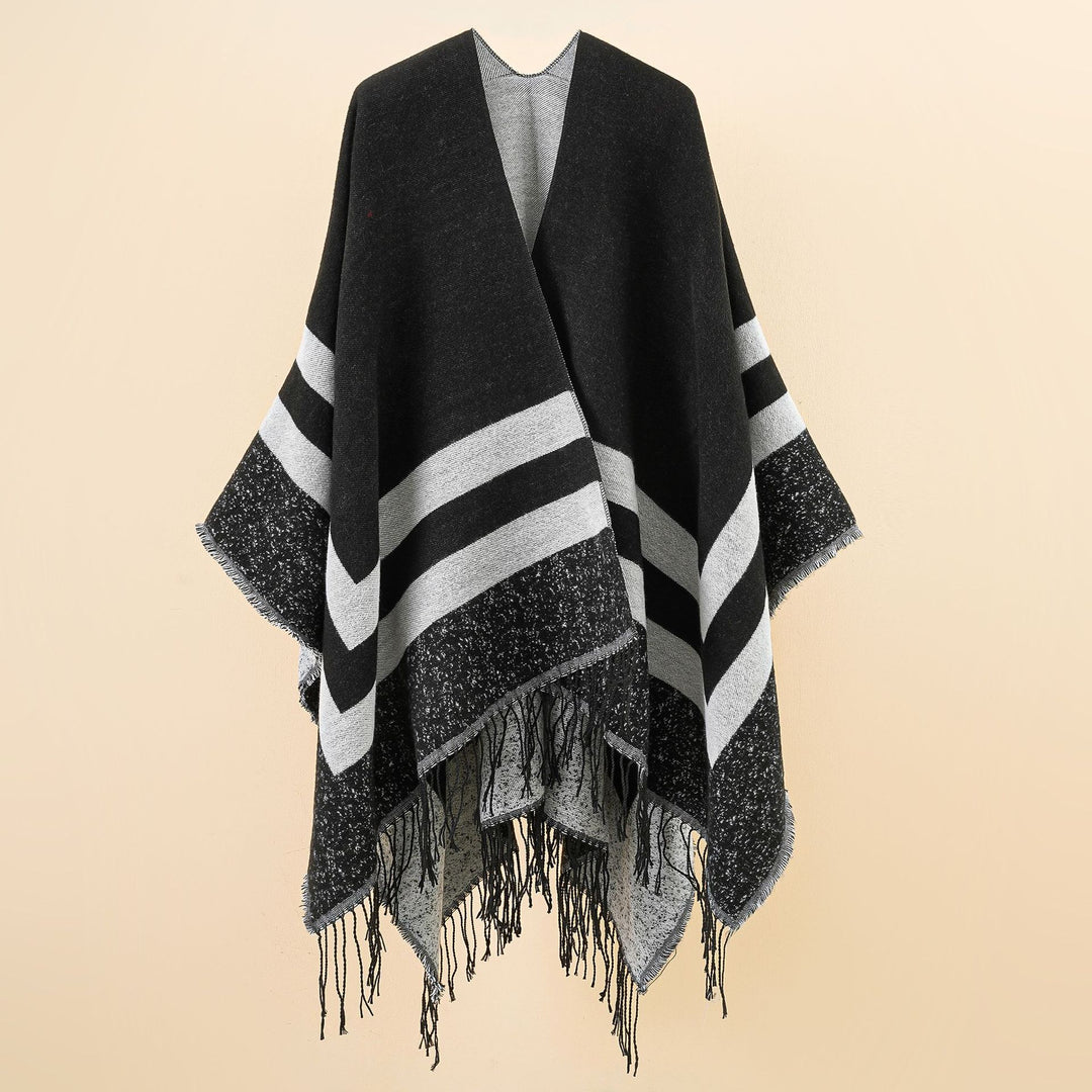 Damen Oversize-Ruana aus Wollmix mit kontrastierten Querstreifen und Fransensaum Drune