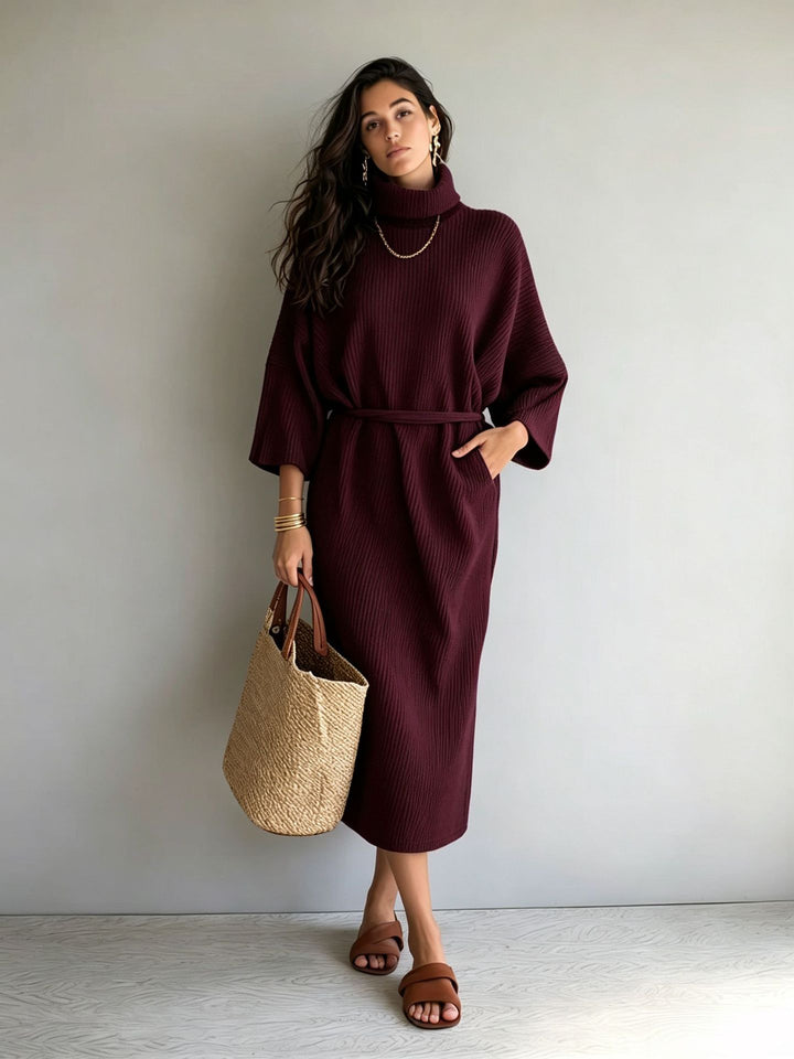 Damen Midilanges Rippenstrickkleid mit Rollkragen, Dreiviertelärmeln und Bindegürtel Drune
