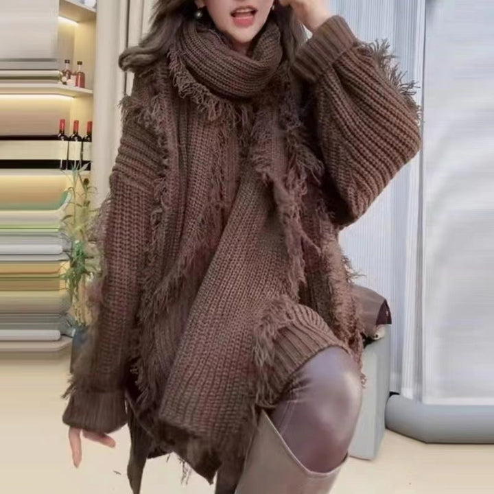 Damen Oversized Strickpullover mit Fransen und V-Ausschnitt Drune