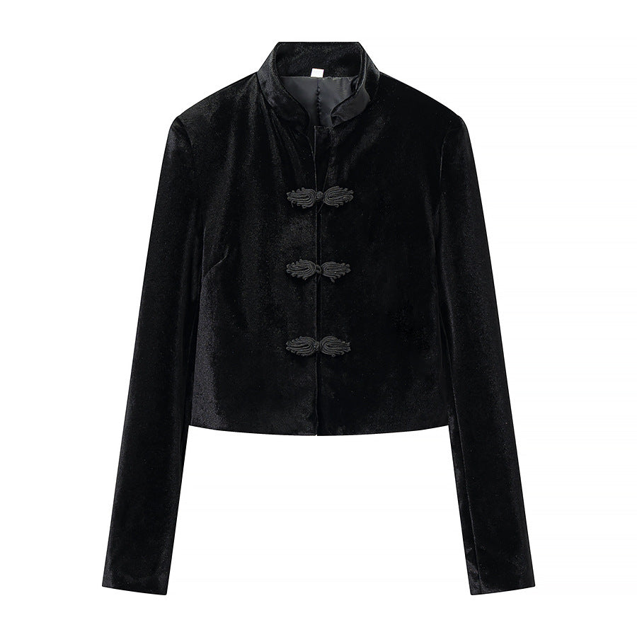 Damen Zweiteiliges Ensemble mit taillierter Kurzjacke im Mandarinstil und hochtaillierter Plisseehose Drune