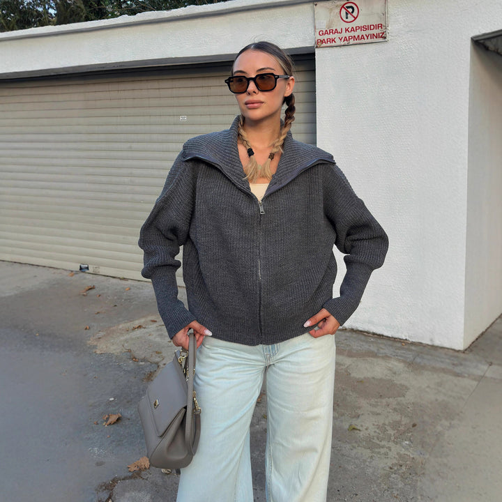 Damen Oversized Strickjacke mit hohem Kragen und Reißverschluss Drune