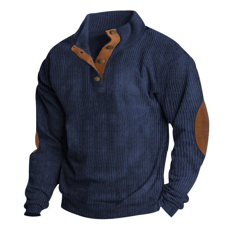 Herren nan rustikaler gerippter Pullover mit Henley-Kragen und lederartigen Ellbogenbesätzen Drune