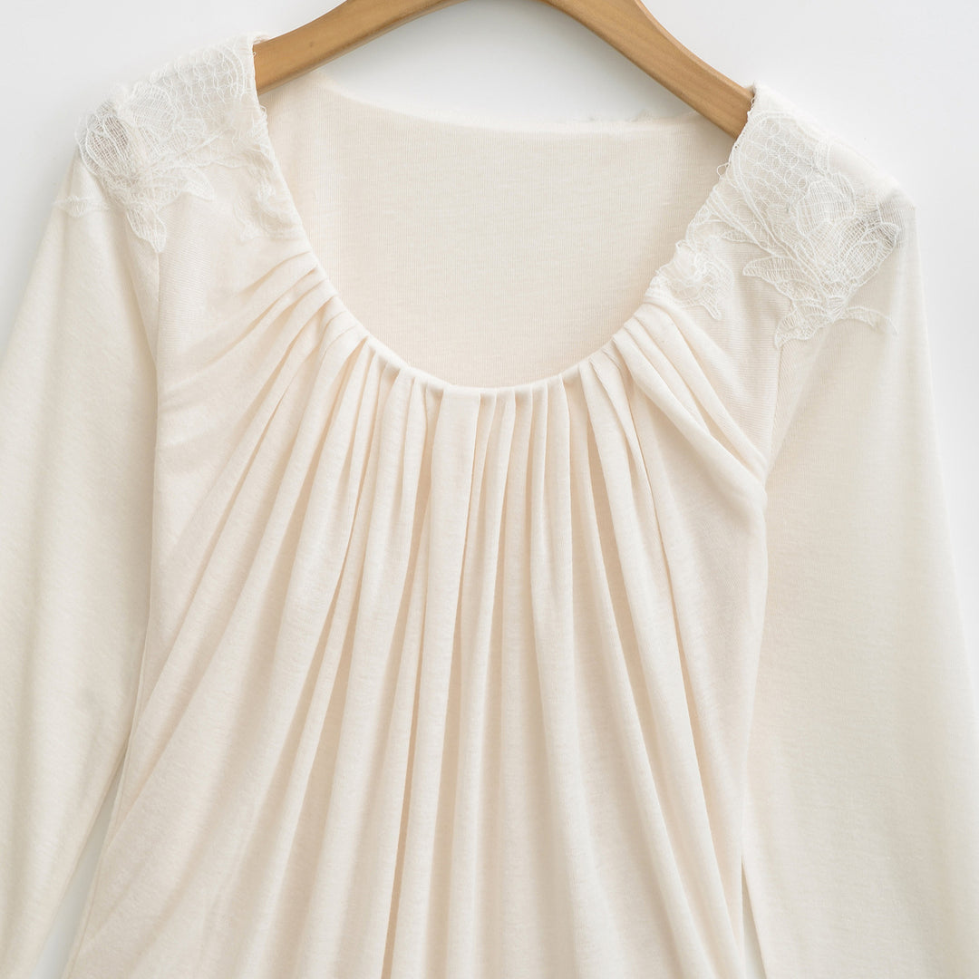 Damen Jersey-Top mit weitem Rundhalsausschnitt, Faltenfront und Spitzenbesatz Drune