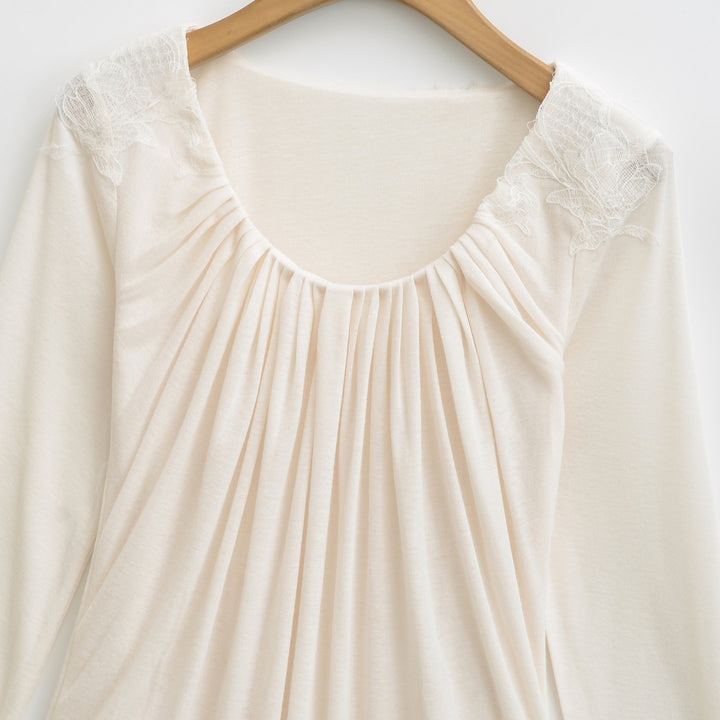 Damen Jersey-Top mit weitem Rundhalsausschnitt, Faltenfront und Spitzenbesatz Drune