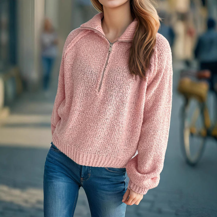Damen gemütlicher Strickpullover mit hochschließendem Reißverschluss und oversized Ärmeln Drune