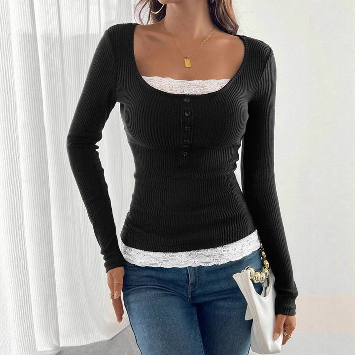 Damen Figurbetontes Rippenstrick-Top mit U‑Ausschnitt und Knopfleiste Drune