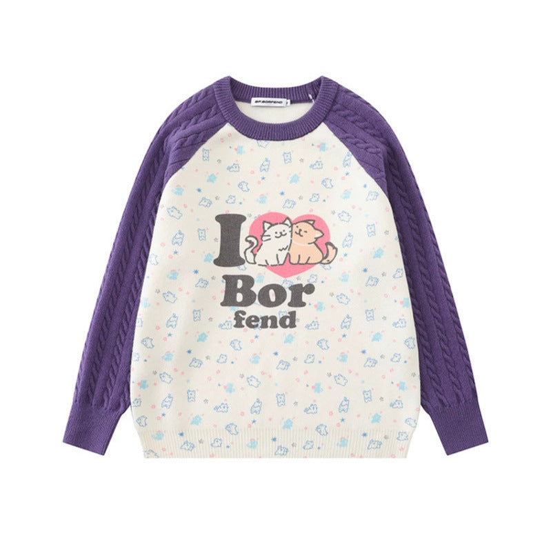 Damen Strickpullover mit Raglanärmeln, Zopfmuster-Ärmeln und Cartoon-Katzenfrontprint Drune