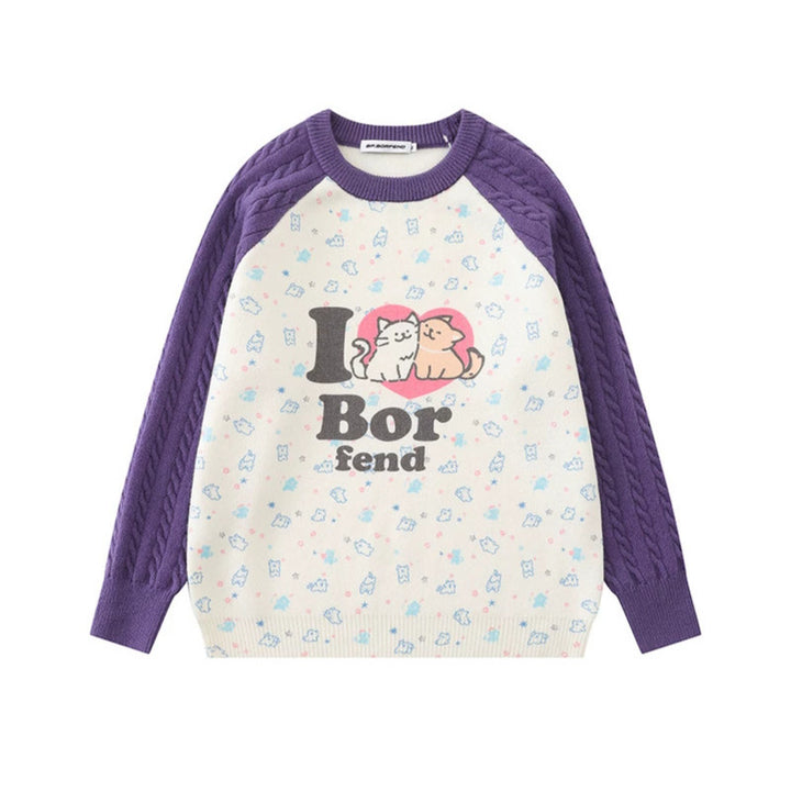 Damen Strickpullover mit Raglanärmeln, Zopfmuster-Ärmeln und Cartoon-Katzenfrontprint Drune