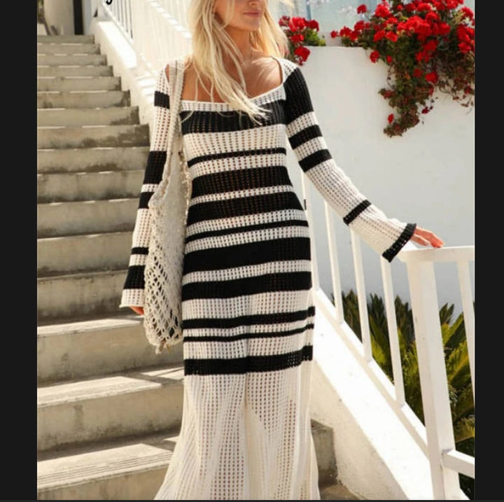 Damen Strickmaxikleid mit modischem Streifenmuster und eleganten Ärmeln Drune