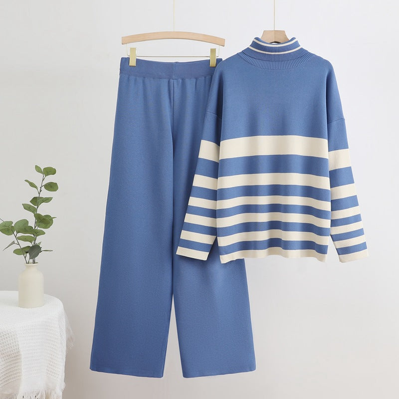 Damen Komfortables Strick-Loungewear-Set mit hohem Kragen und breiten Streifen Drune