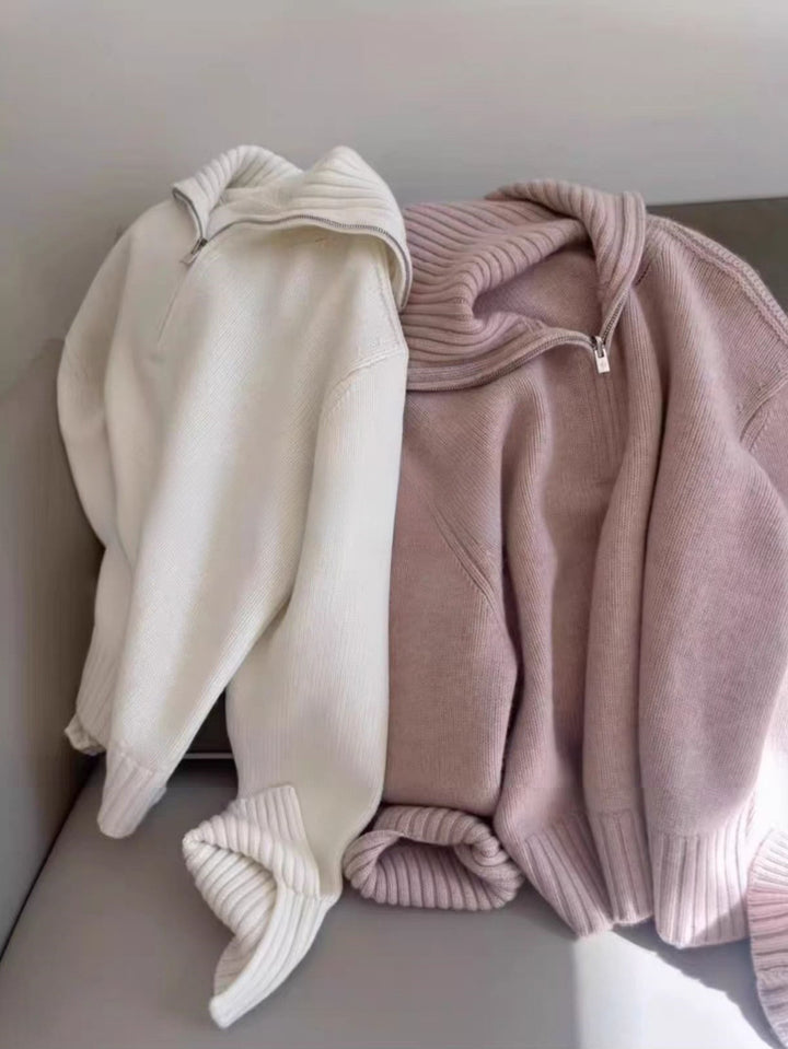 Damen Oversize Feinstrickpullover mit halbem Reißverschluss und weitem Rollkragen Drune