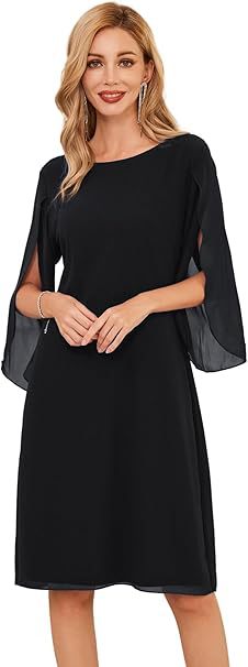 Drune | Shift Kleid Knielang Bateau Ausschnitt Dreiviertel Schlitzärmel Fließend