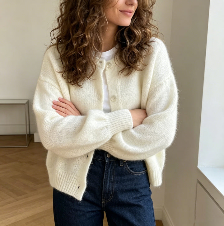 Damen Kuschelige Mohair-Optik Strickjacke mit Rundhals und Ballonärmeln Drune