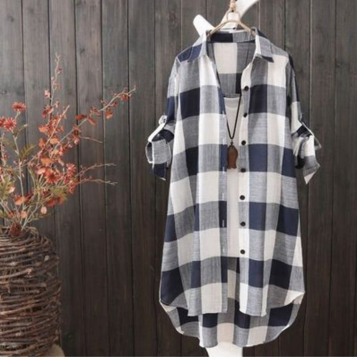 Damen Karo-Hemdbluse im lässigen Oversized-Schnitt mit langen Ärmeln und umschlagbaren Ärmeln Drune