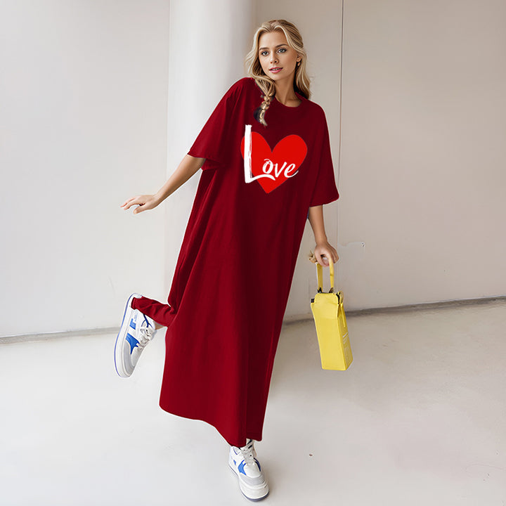 Damen nan locker geschnittenes Maxikleid mit großem Herzgrafikprint und Rundhalsausschnitt Drune