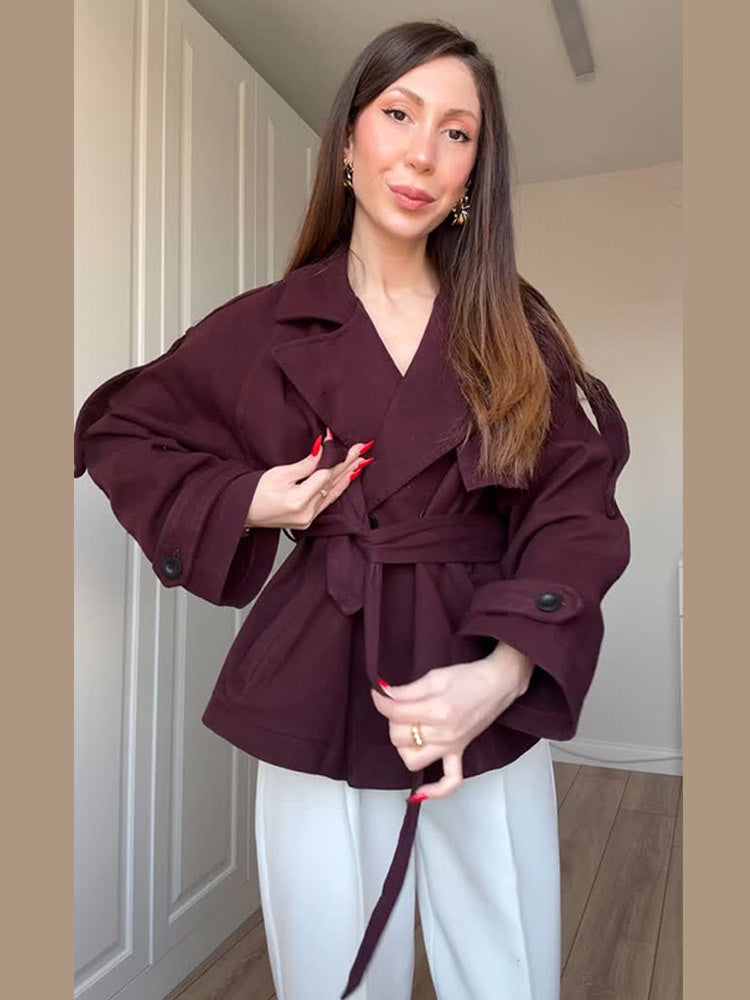 Damen Kurzjacke im Trenchstil mit Taillengürtel, Oversize-Ärmeln und kastiger Cropped-Silhouette Drune
