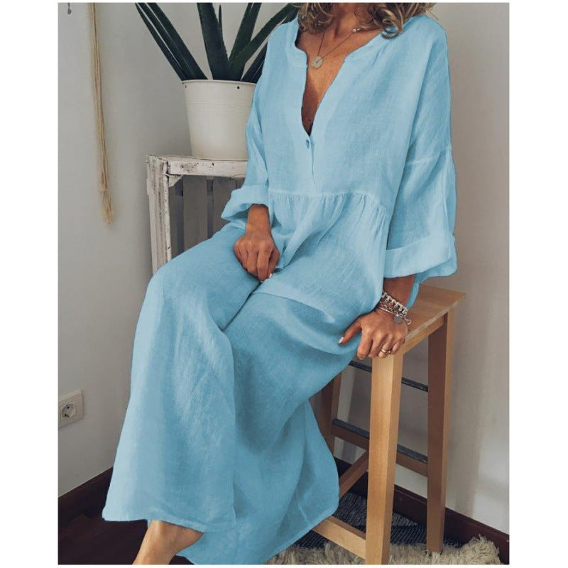 Damen Langes Leinen-Maxikleid mit V-Ausschnitt, geraffter Taille und 3/4-Ärmeln Drune