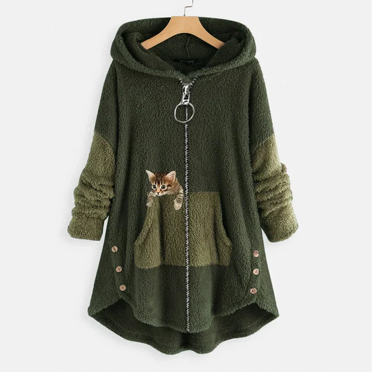 Drune | Lange Jacke Übergroß Schnitt Weicher Fleece Look Kängurutasche High Low Saum
